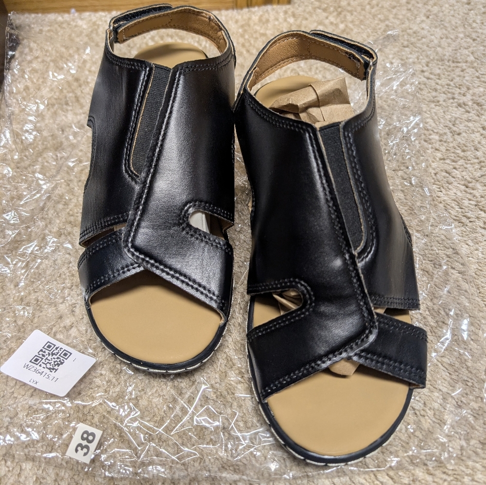 Black Leather-like Wedge Open-Toe Sandals - Picture 2 of 7